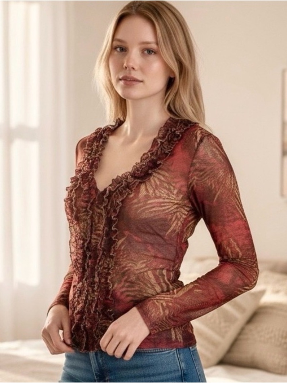 Made In France Women's Floral Ruffle Blouse - Picture 1 of 10